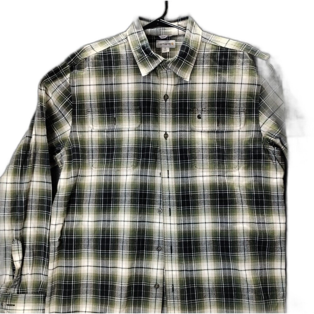 Carhartt Shirt Men's XL Button Up Flannel Green White Plaid Flap Button Pockets
